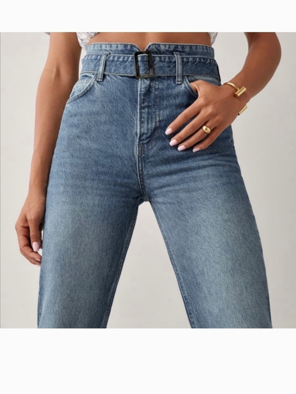 Reformation Cynthia Belted High Rise Straight Jeans Medium Blue Wash No Stretch